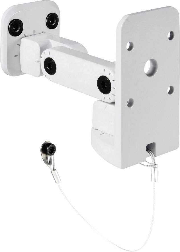 Un support mural blanc à articulations multiples, adapté pour la fixation d'appareils ou d'objets, avec câble de sécurité.