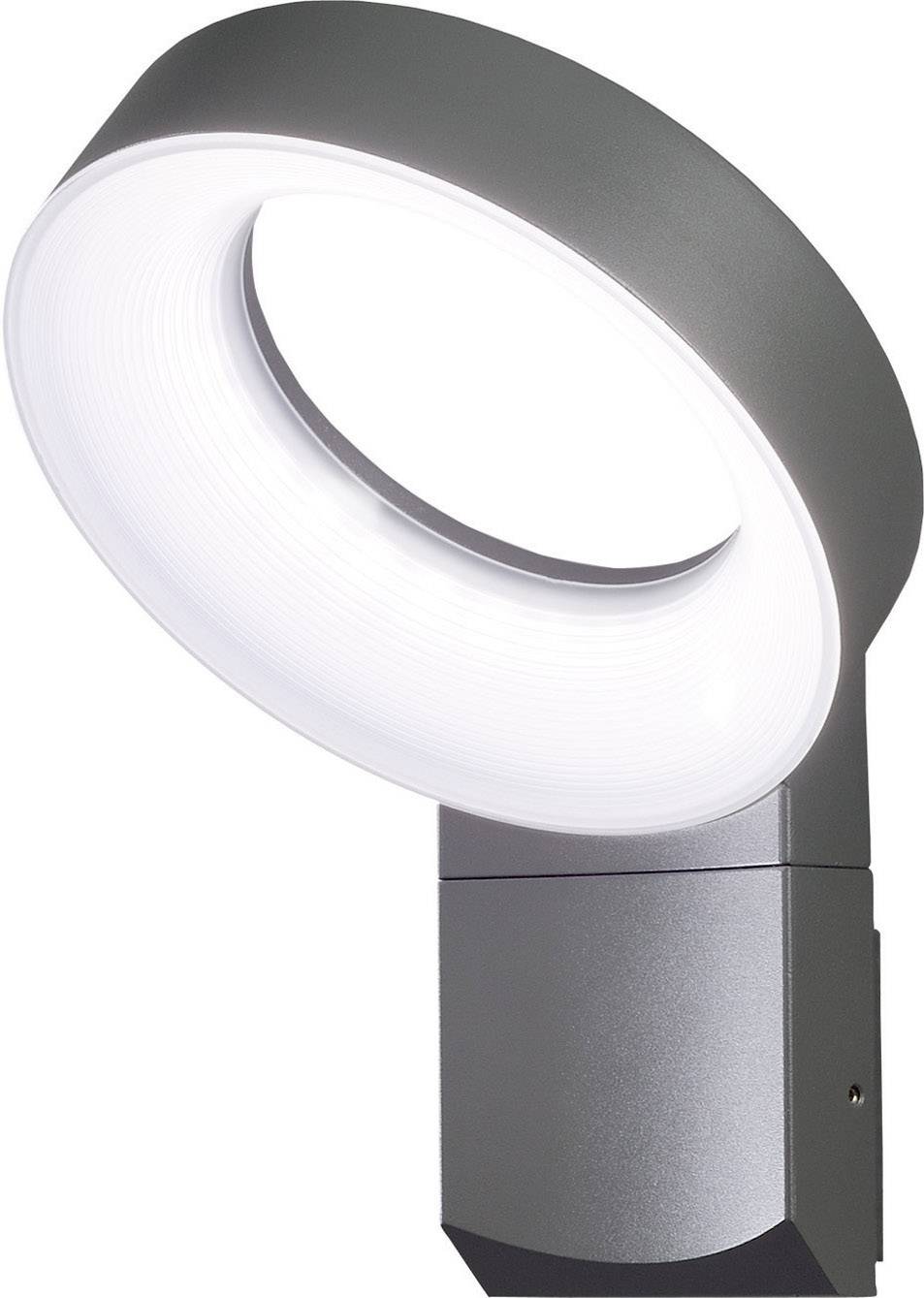 Un luminaire extérieur moderne et rond avec un anneau LED intégré, monté sur un socle gris, adapté aux murs et aux chemins.