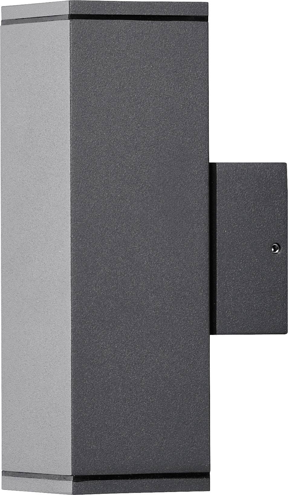 Applique murale de design rectangulaire moderne, en métal gris foncé, diffusant une lumière vers le haut et le bas.