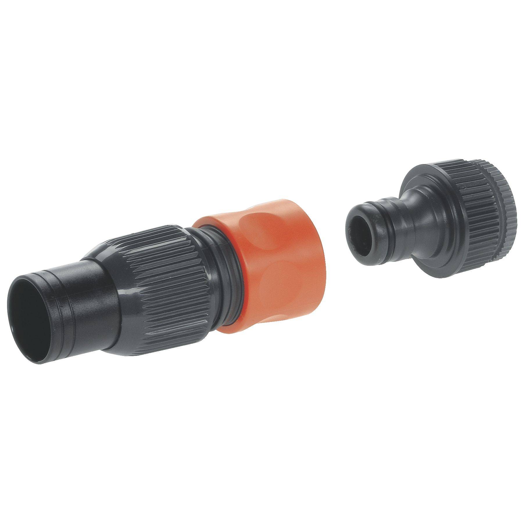 Deux connecteurs de tuyau d'arrosage : à gauche, un adaptateur noir avec un verrou rotatif orange, à droite, un raccord noir plus petit.