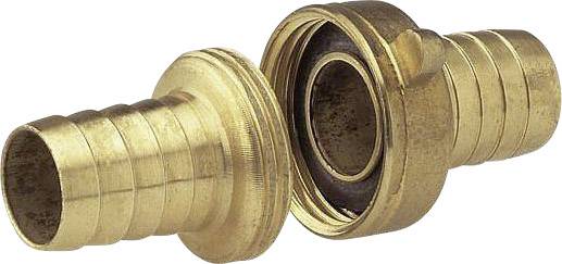 Raccord de tuyau en laiton avec système d'emboîtement. Connexion mâle à gauche et femelle à droite, adapté aux tuyaux d'eau.