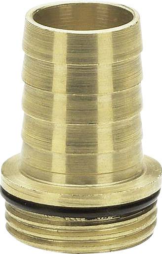 Raccord de tuyau en laiton, forme cylindrique, surface rainurée, connexion filetée inférieure avec joint d'étanchéité, adapté pour les tuyaux d'eau.