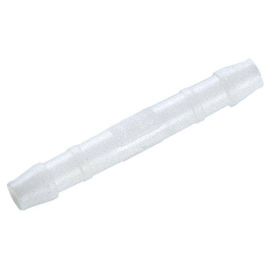 Un connecteur cylindrique blanc en plastique avec des extrémités lisses, probablement adapté pour des tuyaux ou des tubes, sur un fond blanc.