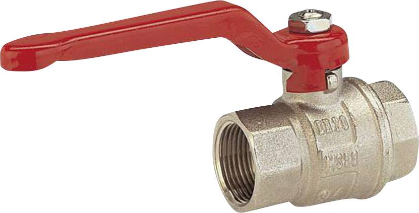 Vanne à boule en métal avec poignée de levier rouge, utilisée pour contrôler le flux d'eau dans les systèmes de tuyauterie.