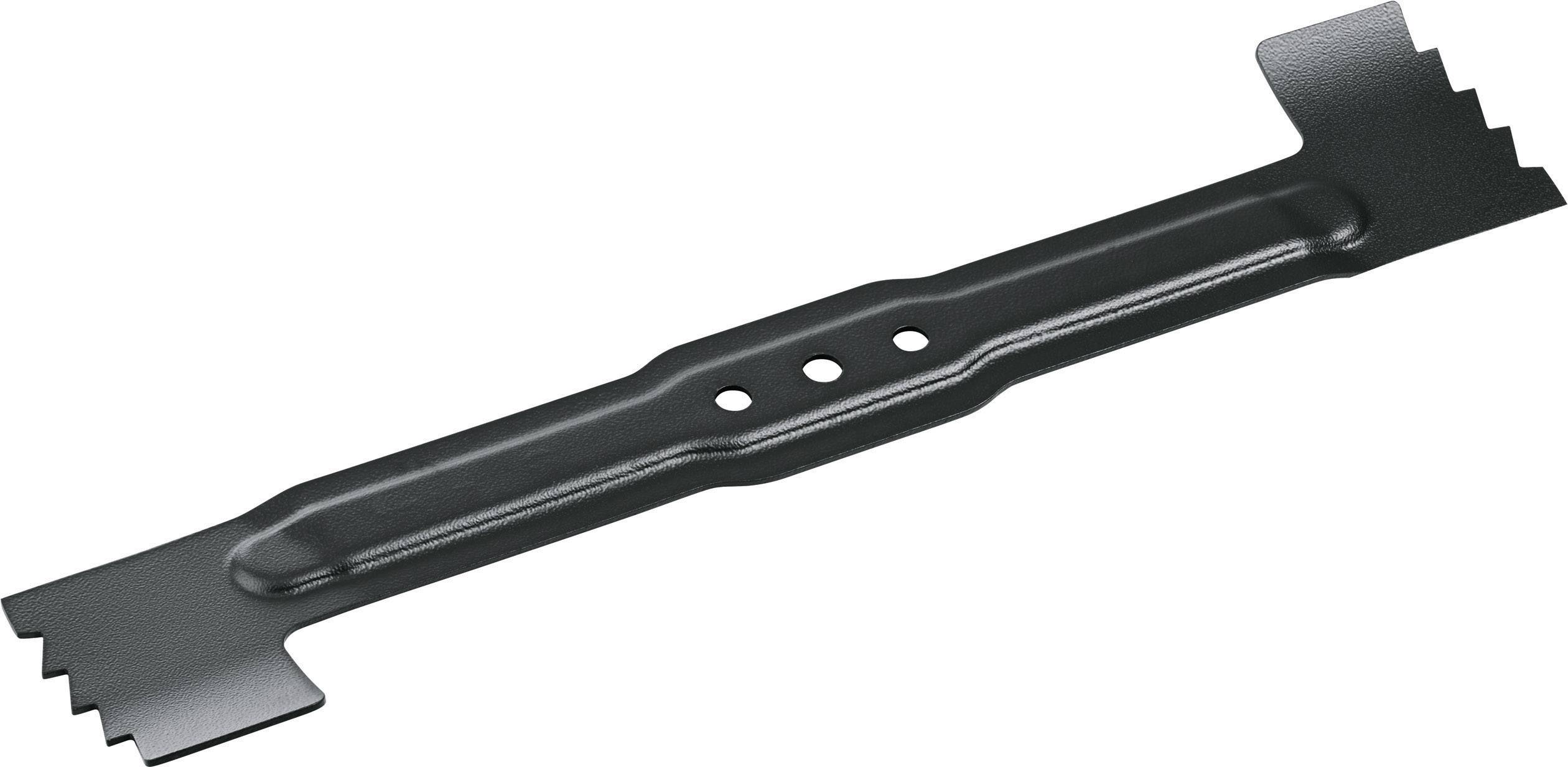 Une lame de tondeuse à gazon à bords dentelés et avec des trous de fixation centraux, conçue pour couper l'herbe.
