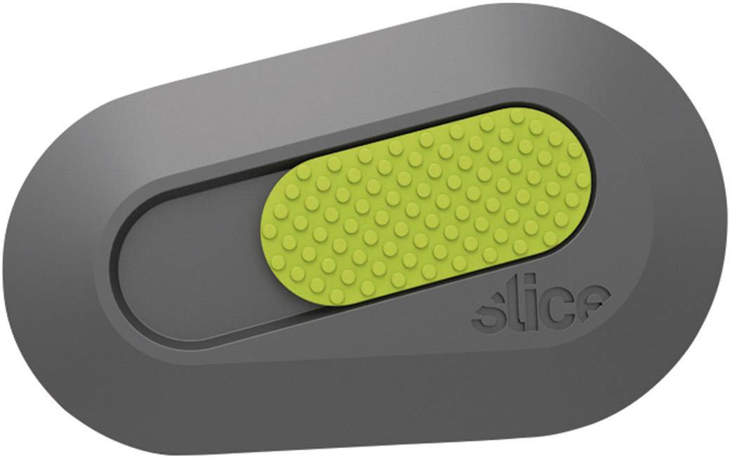 Curseur ovale gris en plastique avec un insert strié vert, portant l'inscription « slice ».