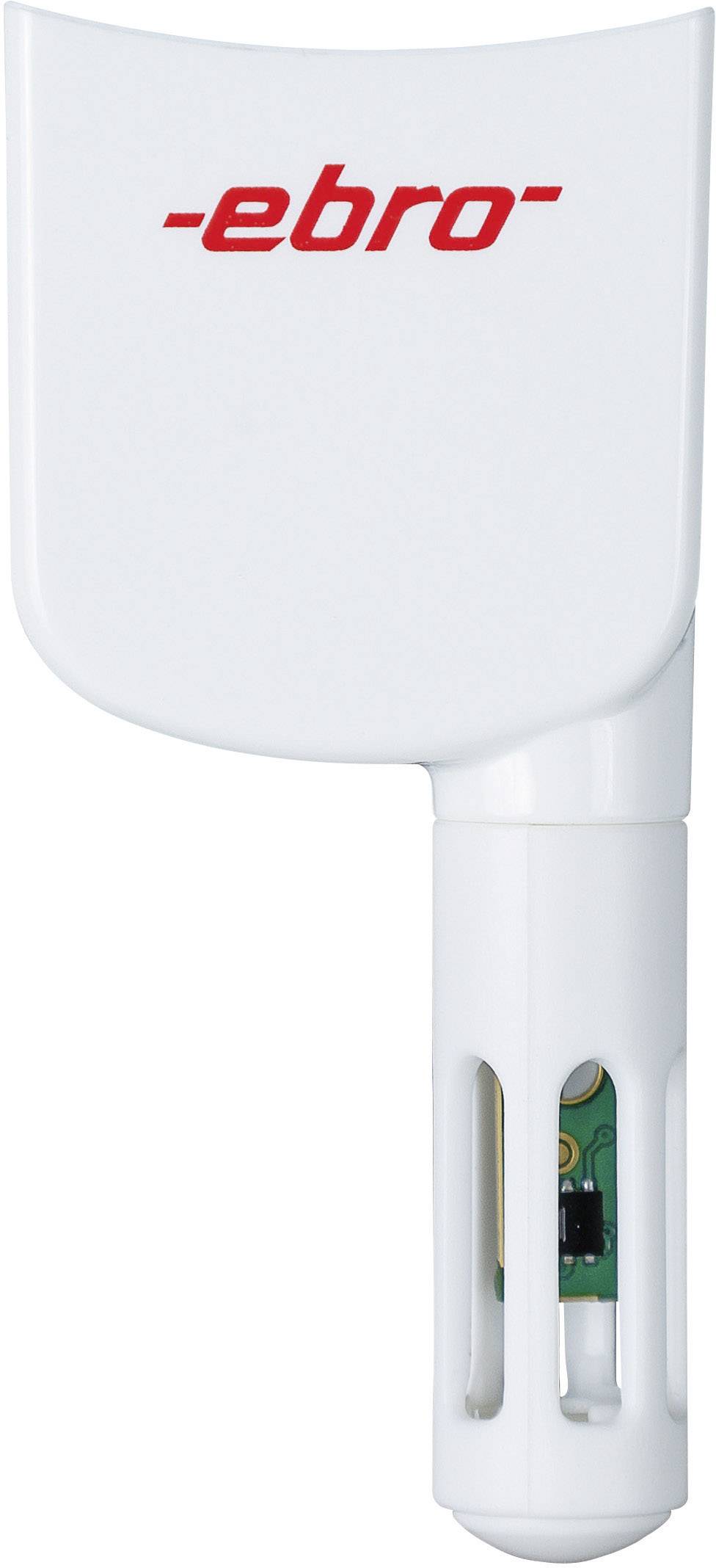 Un dispositif de capteur blanc avec le logo rouge 'ebro' en haut. Des composants électroniques sont visibles en bas.
