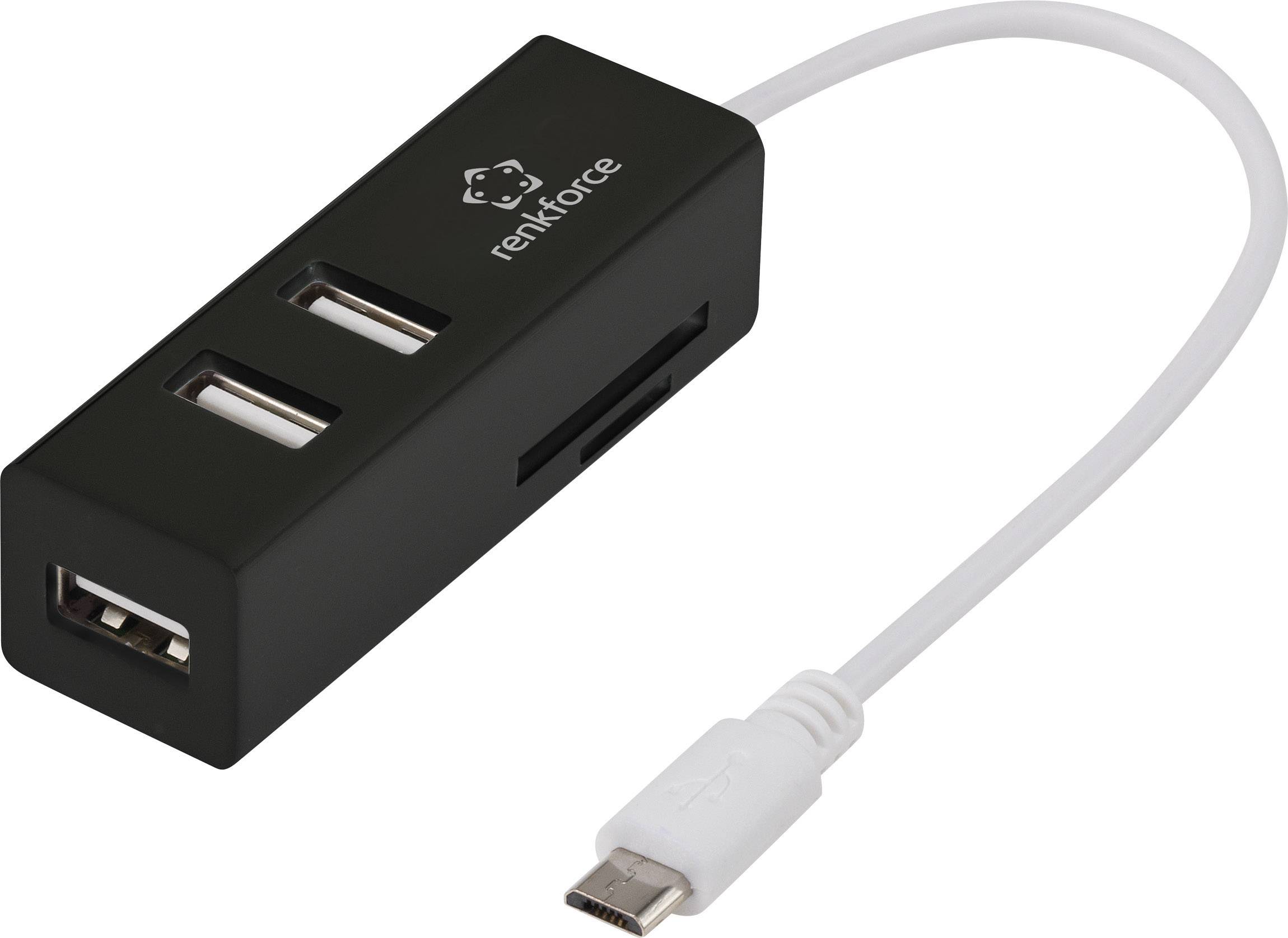 Hub USB noir compact avec trois ports USB et un lecteur de cartes, relié par un câble blanc.