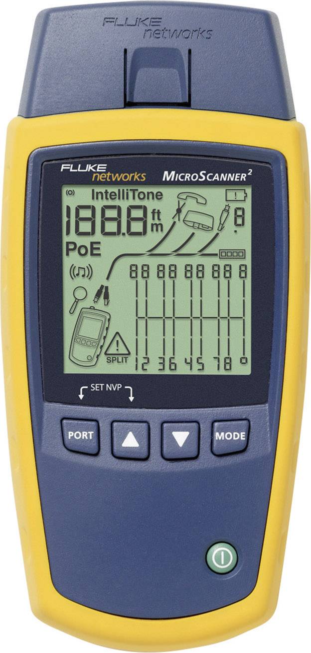 Un appareil portable, Fluke MicroScanner2, affiche des données de mesure sur un écran. Texte sur l'écran : « POE », « 188,8 pi ». Il dispose de connecteurs et de touches.