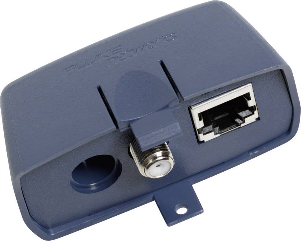 Un appareil réseau bleu avec des connexions Ethernet et coaxiales. En haut à gauche, l'inscription 'FLUKE NETWORKS'. Adapté pour les connexions.