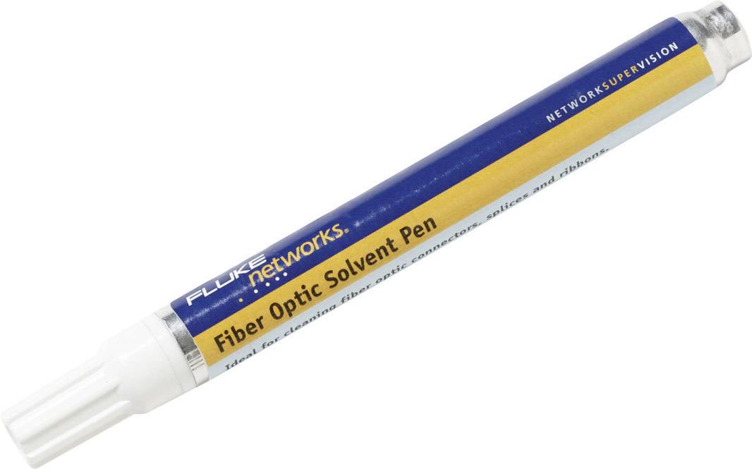 Stylo de nettoyage à solvant optique Fluke Networks, un stylo de nettoyage pour connexions à fibre optique. Stylo bleu avec étiquette jaune.