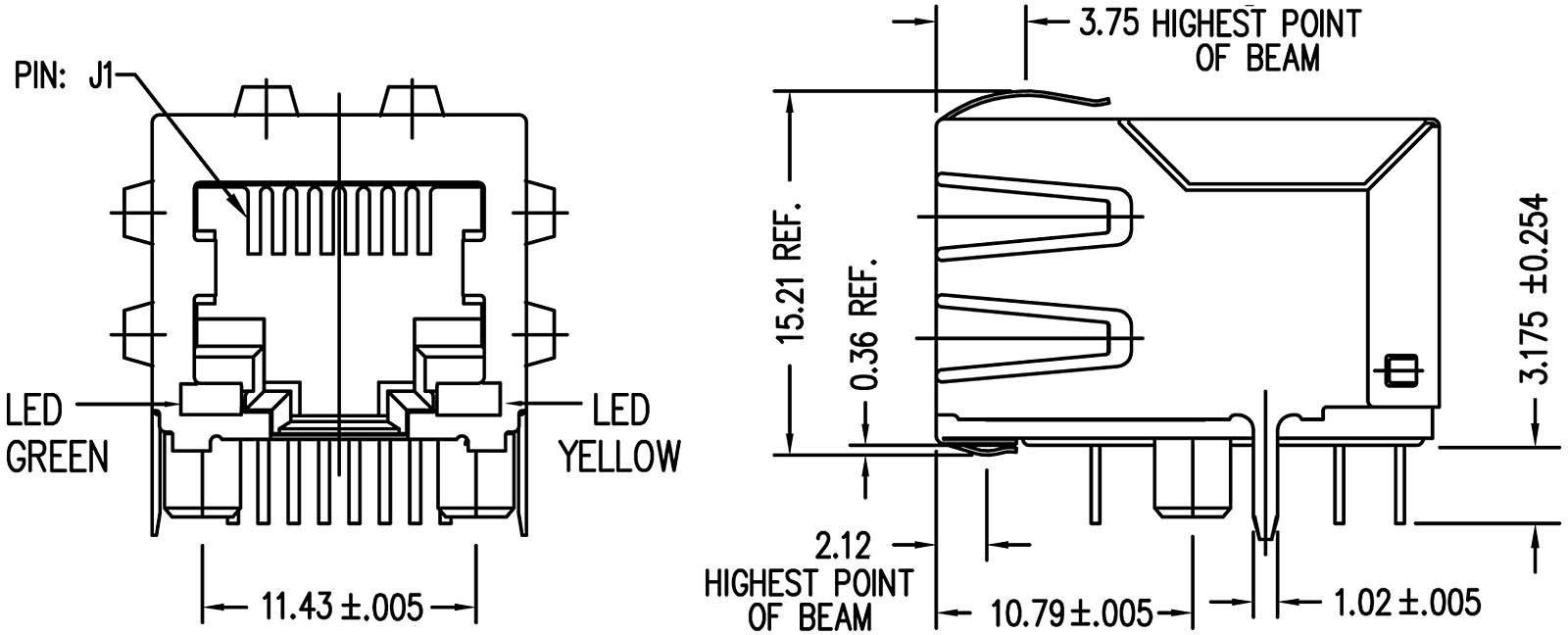 MagJack Gigabit Ethernet 8 Transformateur avec LEDs Tab down BEL Stewart Connectors SI-61001-F RJ45 embase femelle horizontale