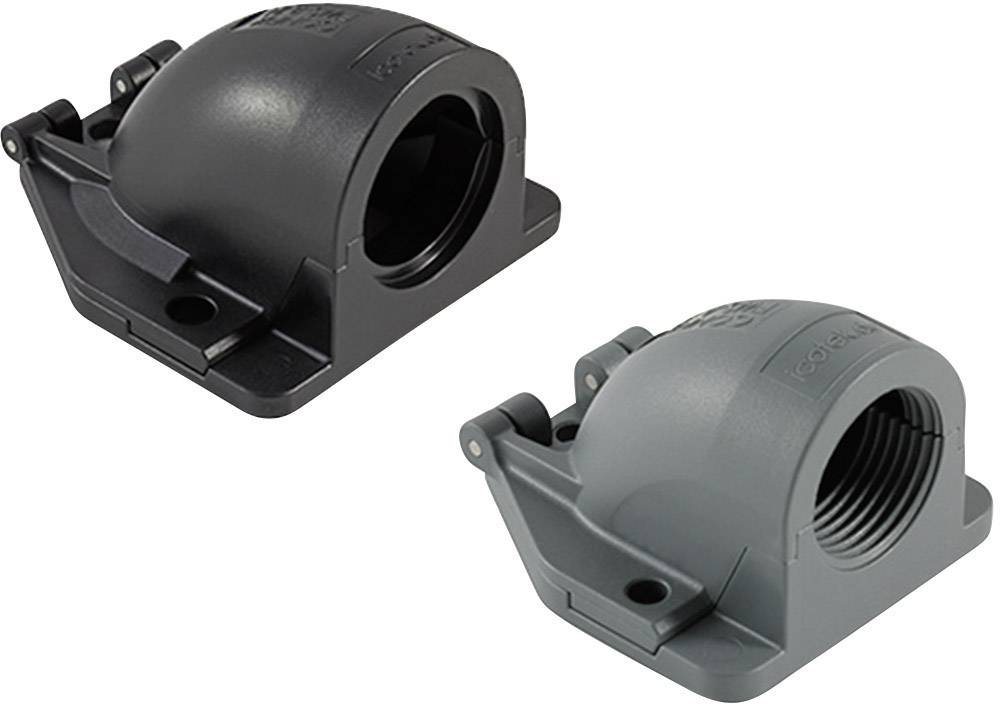 Deux boîtiers en plastique noir et gris utilisés pour les connexions de câbles. Ils présentent des ouvertures rondes et des trous de fixation.
