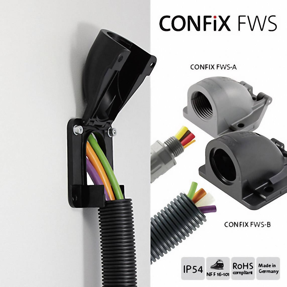 Un système de protection de câbles avec des connexions coudées et des sorties de câbles différentes. Étiquettes : « CONFix FWS-A » et « CONFix FWS-B ».