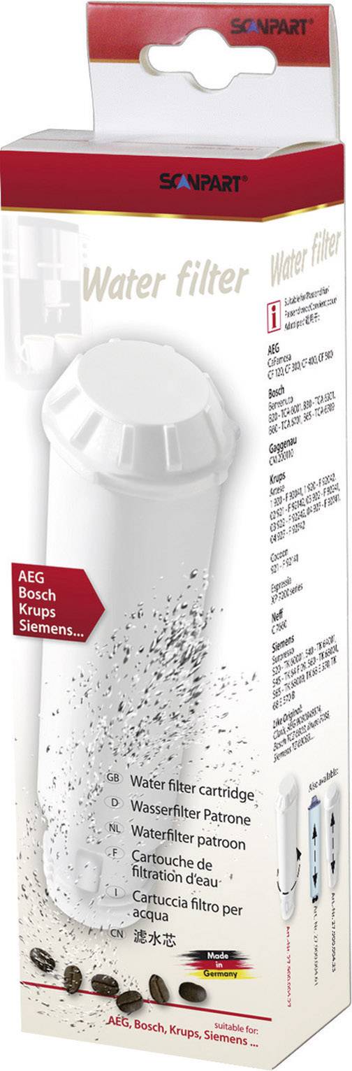 Filtres à eau pour machines à café de AEG, Bosch, Krups, Siemens. L'emballage présente une image du produit et une description multilingue.