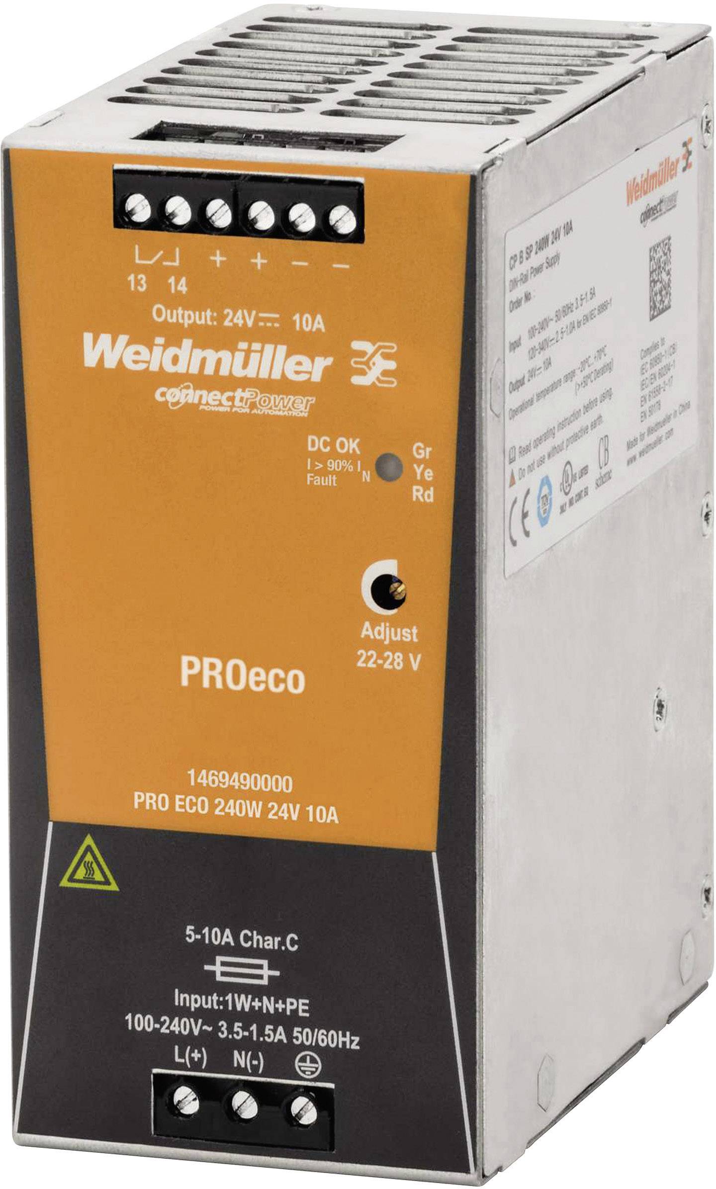 Unité d'alimentation électrique de Weidmüller, modèle PROeco. Des voyants DC-OK et des indicateurs de statut sont visibles sur les sorties.
