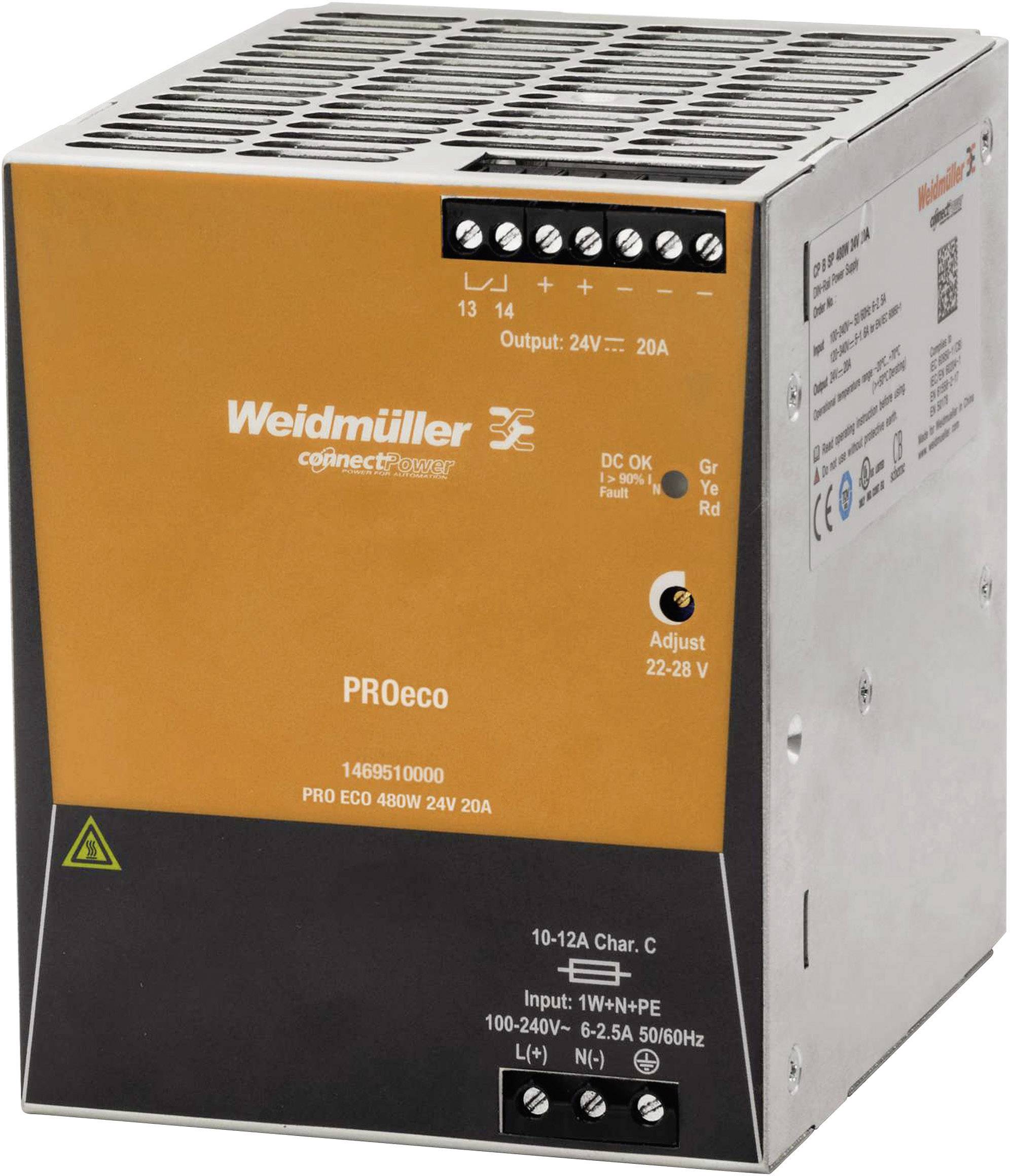 Un bloc d'alimentation à découpage orange et noir de la marque Weidmüller, modèle PROeco, avec une tension de sortie de 24V et un courant de 20A.