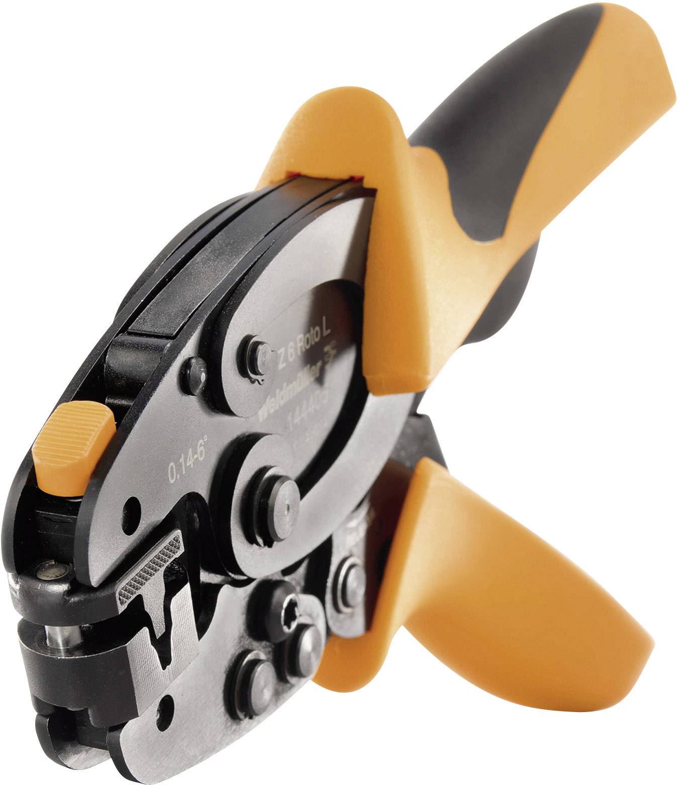 Pince à sertir manuelle en noir et orange pour connexions de câbles. Elle dispose d'un design de poignée ergonomique pour une prise en main antidérapante.