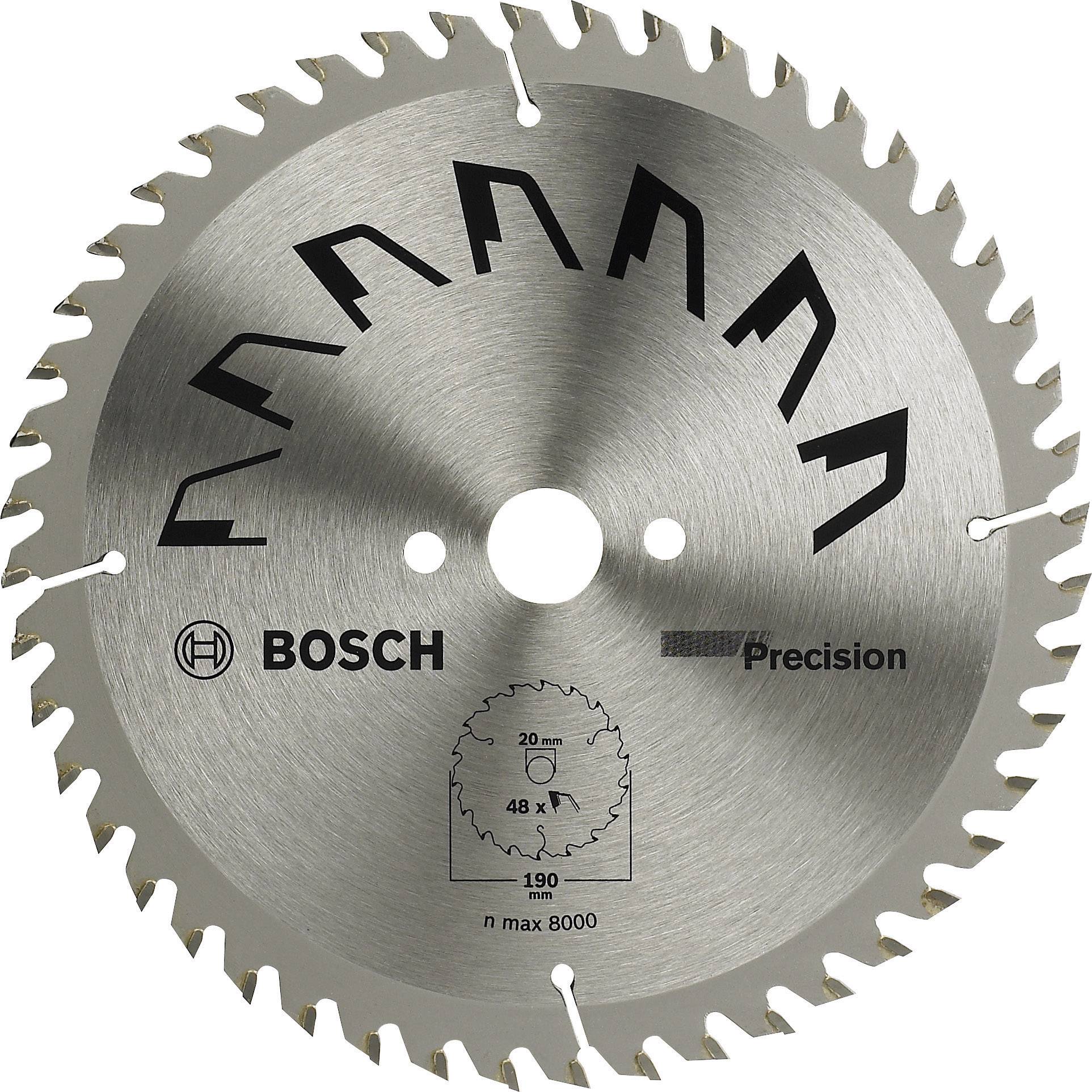 Lame de scie circulaire Bosch portant l'inscription 'Precision', montrant la forme des dents et les spécifications techniques pour une coupe précise.