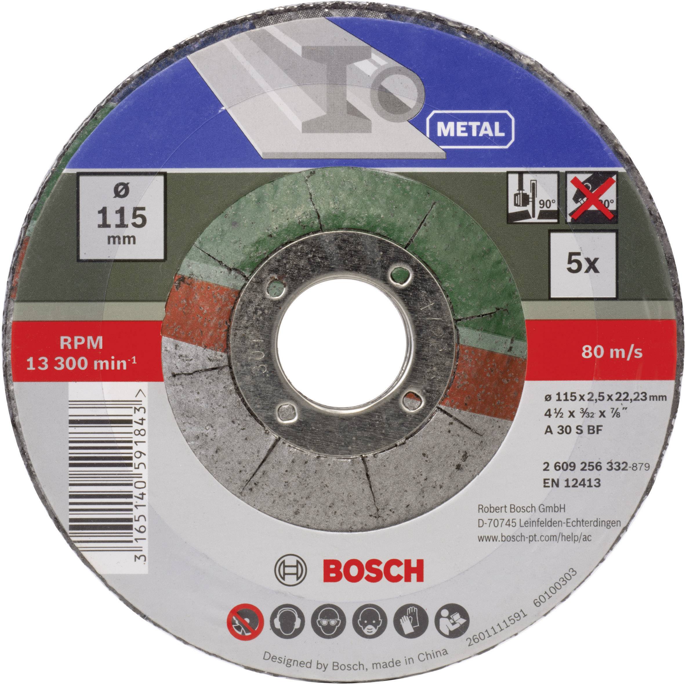'Disque de meulage Bosch pour métal, diamètre 115 mm, vitesse maximale 13 300 tr/min, adapté pour l'usinage du métal, 5 pièces par paquet.'