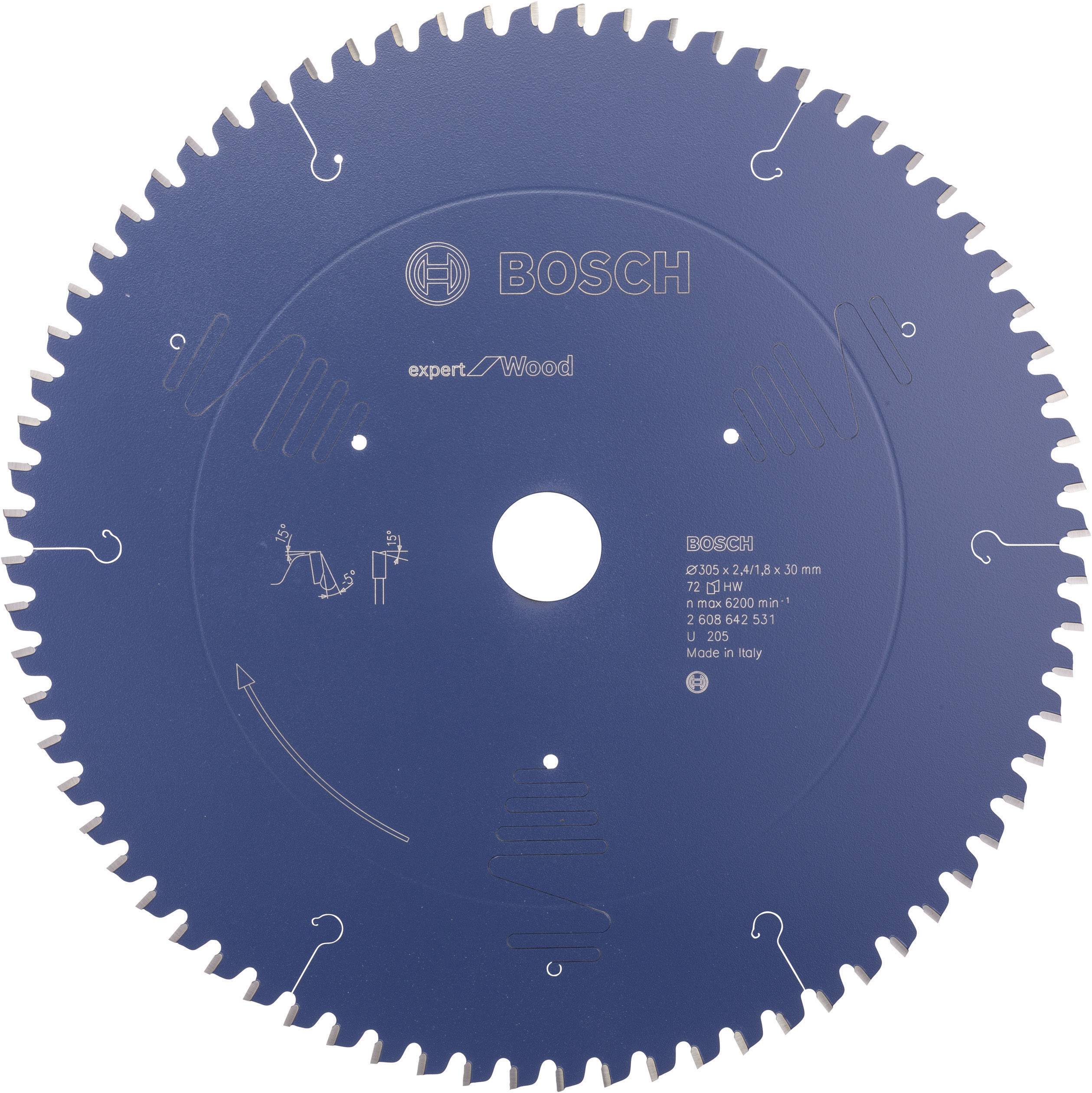 Une lame de scie circulaire Bosch bleue portant l'inscription 'expert for Wood'. Elle a une taille de 250 x 30 mm et 80 dents.