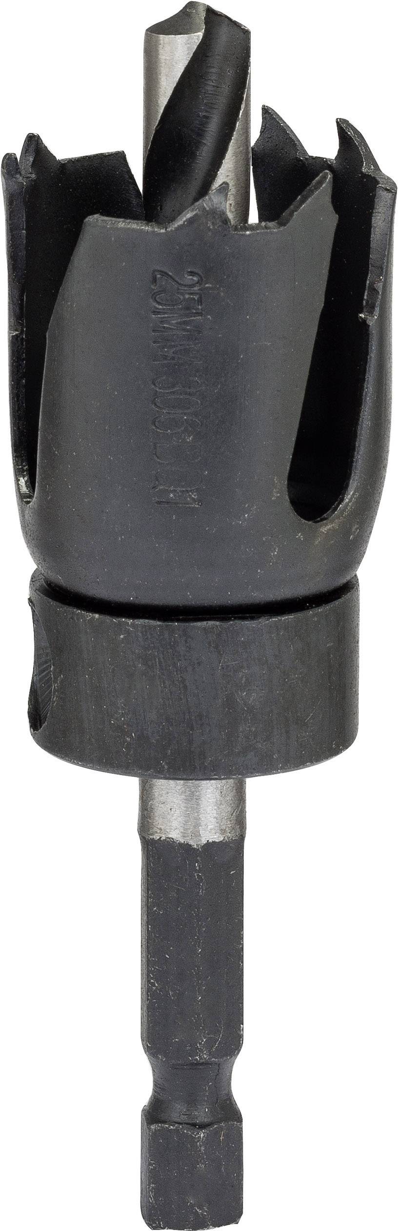 Mèche de scie cloche à revêtement noir avec dentelure de coupe et un foret de centrage au milieu, adapté aux travaux sur bois.