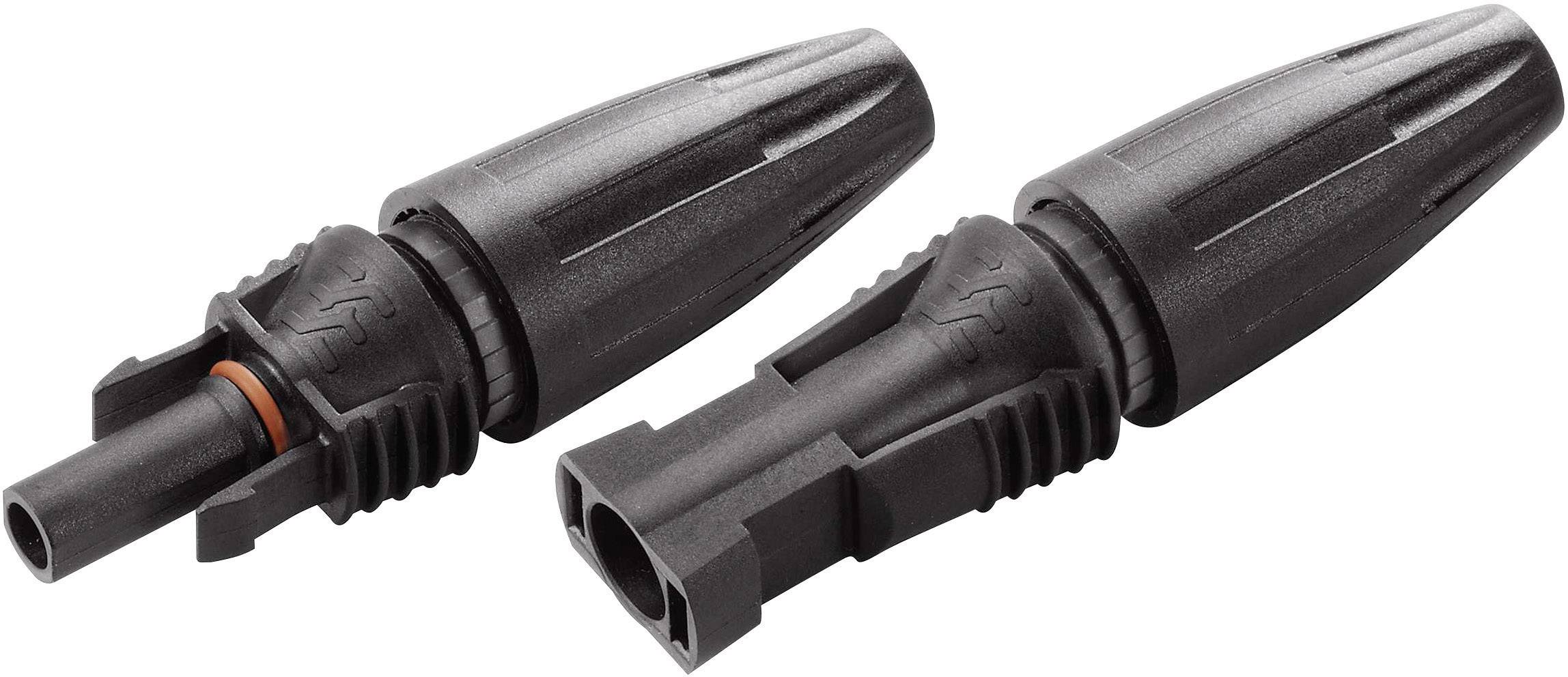 Deux connecteurs noirs en plastique, disposés côte à côte, avec un design strié et une forme caractéristique.