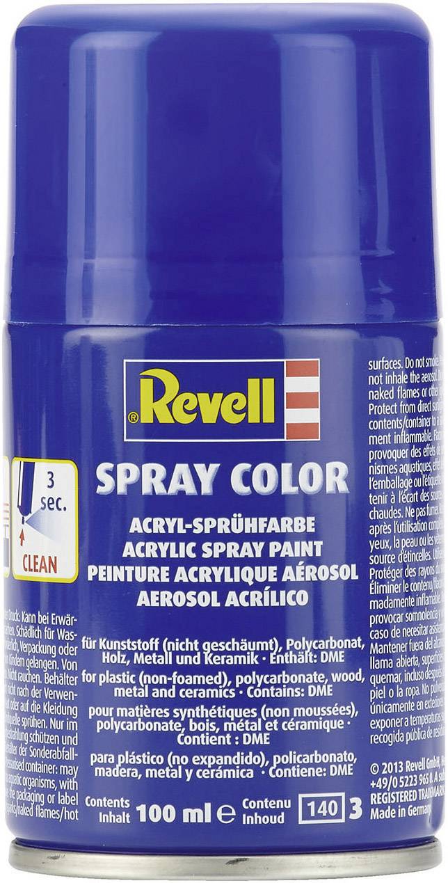 Gobelet cylindrique bleu portant l'inscription 'Revell Spray Color'. Contient 100 ml de laque acrylique, adapté au plastique, au bois et au métal.