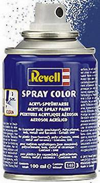 Une bombe aérosol bleu et blanc portant l'inscription 'Revell Spray Color'. Contient 100 ml de peinture acrylique en spray.