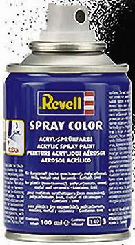 Bombe de peinture en aérosol Revell, étiquette bleue, capuchon blanc, contenance de 100 ml. Adapté aux surfaces acryliques, étiqueté dans plusieurs langues.