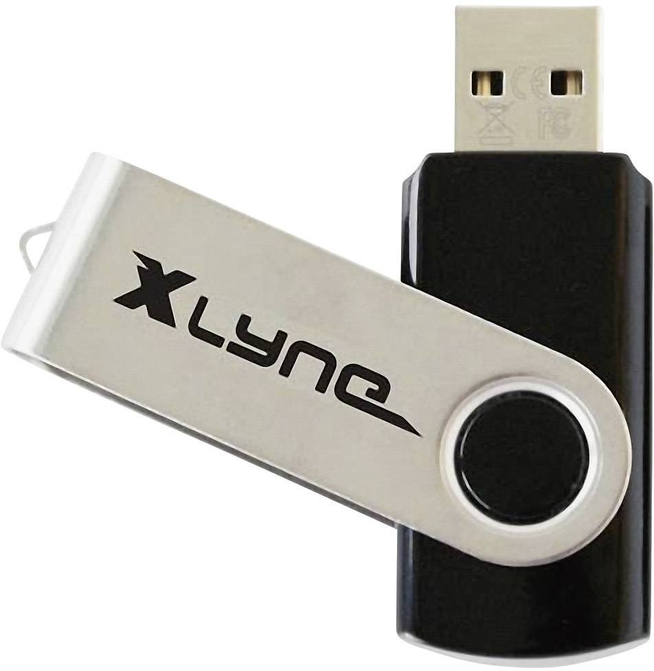 Une clé USB noire avec un capuchon argenté pivotant sur lequel est inscrit 'Xlyne'.