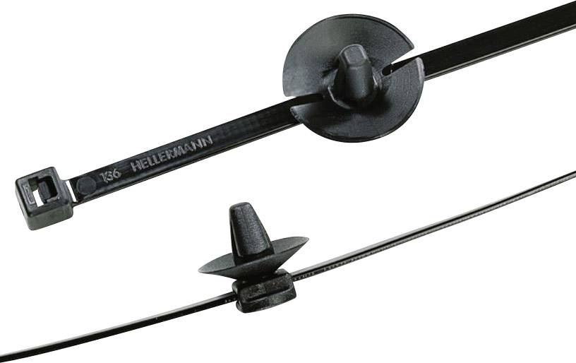 Collier de câble noir avec élément de fixation intégré et pièce de montage pour un acheminement sécurisé des câbles sur des surfaces lisses.