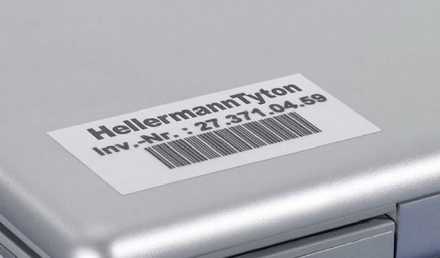 Étiquette sur un boîtier gris portant l'inscription 'HellermannTyton N° d'inv. : 27.371.04.59' et un code-barres en dessous.