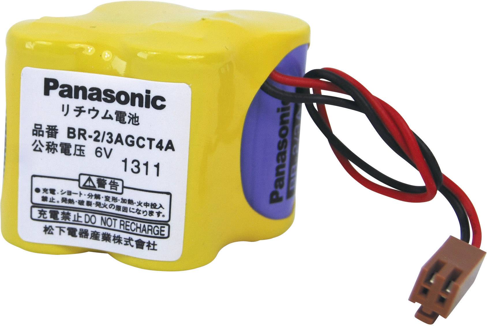 Batterie lithium Panasonic jaune de 6V, modèle BR-2/3AGCT4A. Possède des câbles rouges et noirs, reliés à un connecteur marron.
