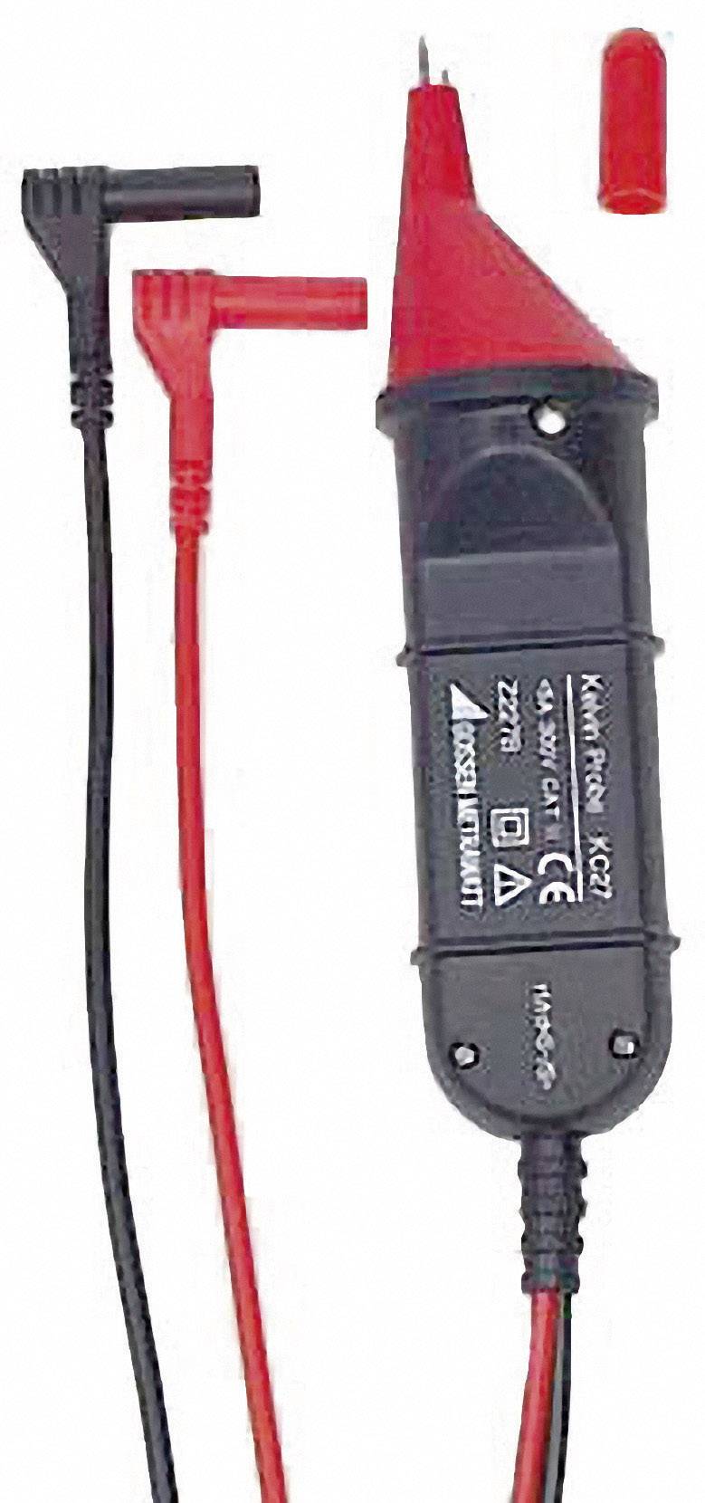 Un testeur de tension électrique avec deux pointes de test en rouge et en noir, adapté aux tests de tension dans les circuits électriques.