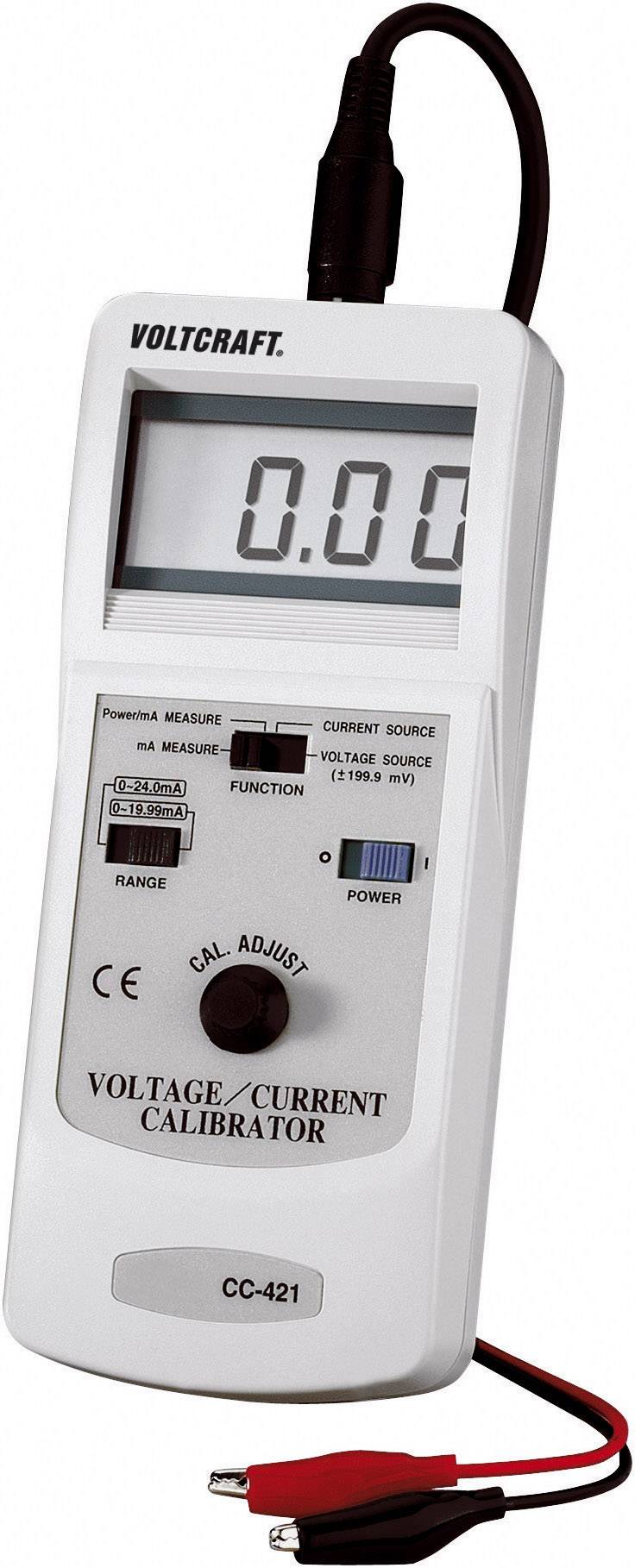 Un appareil de mesure portable avec un affichage indiquant '0,00'. En haut est inscrit 'VOLTCRAFT'. En dessous, des touches et des fonctions pour la calibration de la tension et du courant.