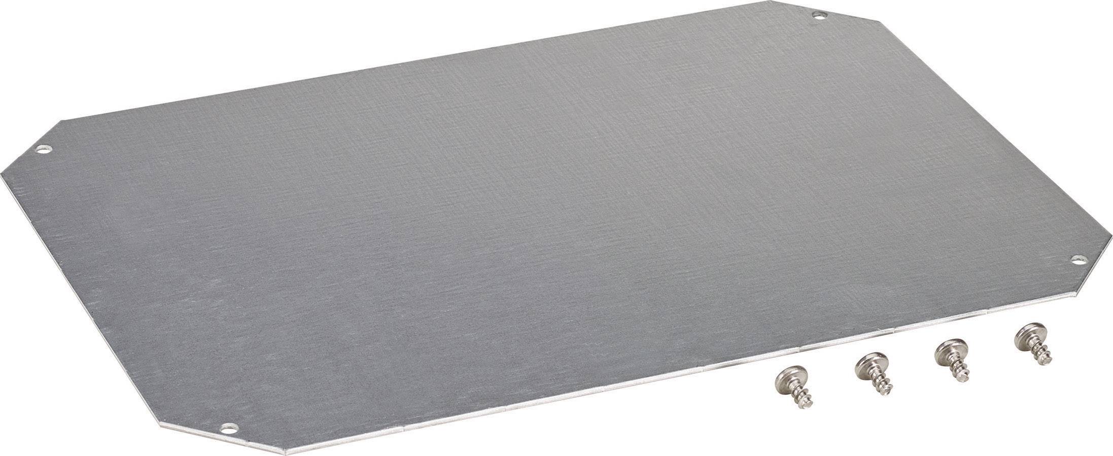 Une plaque rectangulaire en métal, légèrement inclinée, avec quatre vis à côté.