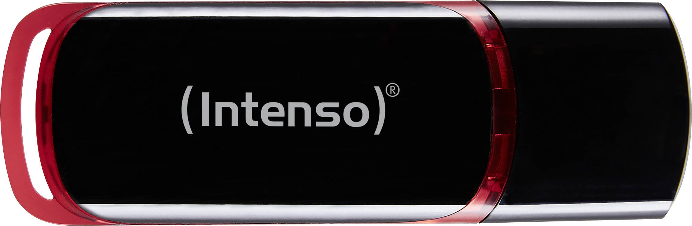 Une clé USB noire de la marque 'Intenso' avec des accents rouges.