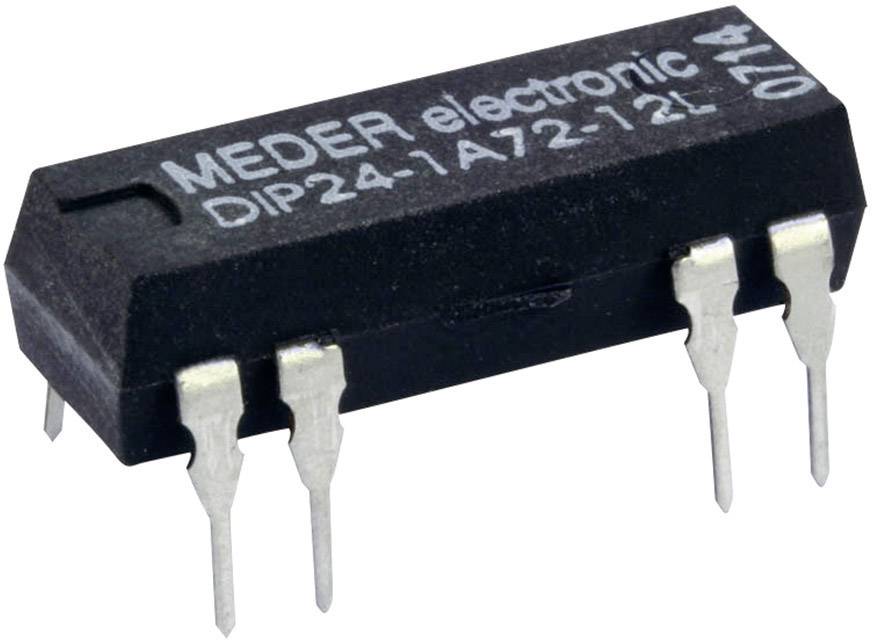 Un microchip noir avec des connexions argentées, étiqueté 'MEDER electronic DIP24-1A72-12L', sur un fond blanc.