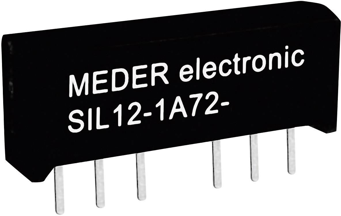 Relais électronique Schwarzes Meder, modèle SIL12-1A72 à six broches métalliques, avec le texte 'MEDER electronic SIL12-1A72-' sur la face supérieure.
