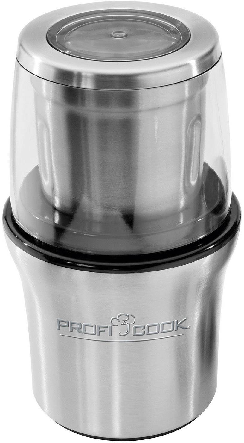 Moulin à café électrique en acier inoxydable avec couvercle transparent, marque 'Profi Cook'.