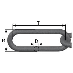 Esquisse dimensionnelle d'une chaîne : La longueur des maillons (T), la hauteur (B) et le diamètre (D) des maillons de chaîne sont indiqués.