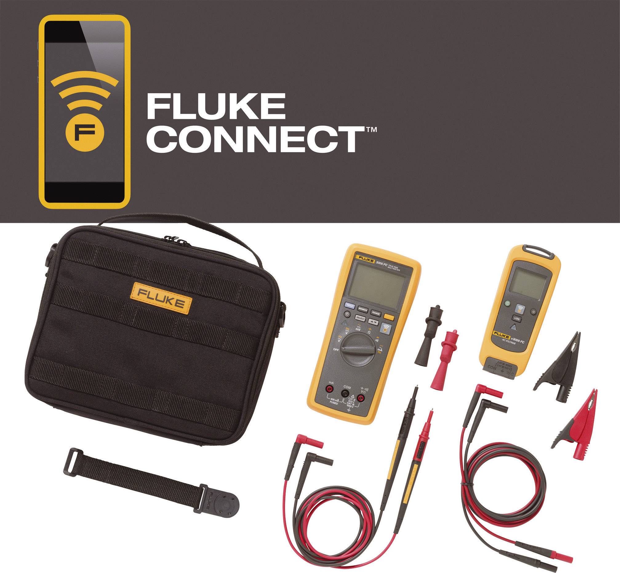 Kit Fluke Connect avec sacoche de transport, multimètre numérique, câbles d'alimentation et accessoires pour mesures électroniques, adapté aux professionnels.