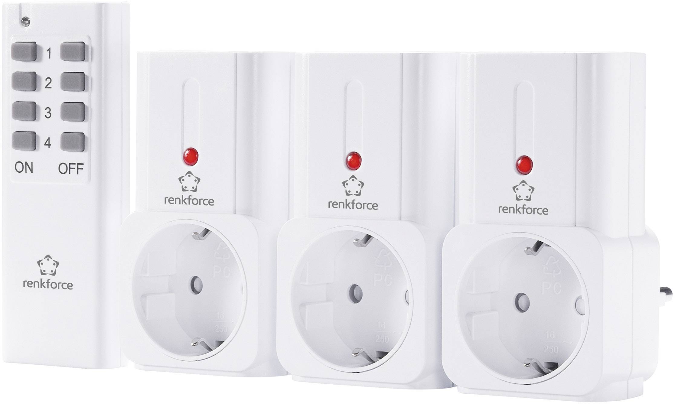 Trois prises électriques blanches avec voyant rouge et une télécommande avec touches numériques et interrupteur 'ON/OFF', marque Renkforce.