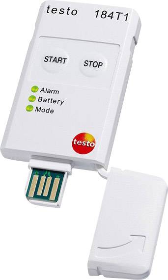 Logger de température avec l'inscription 'testo 184T1'. Affiche des voyants LED d'état pour l'alarme, la batterie et le mode. Touches de démarrage et d'arrêt visibles.