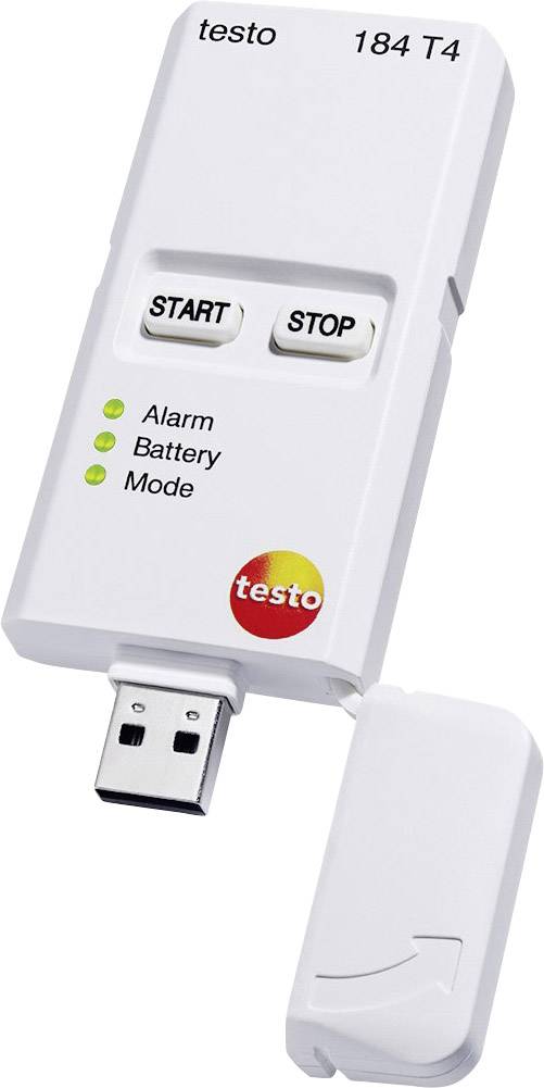 Un enregistreur de température USB avec touches 'START' et 'STOP', voyants LED pour alarme, batterie et mode. Marque : Testo, Modèle : 184 T4.