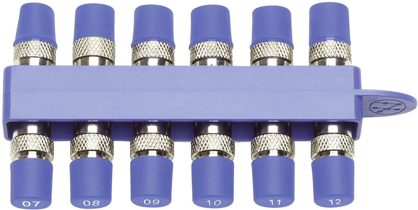 Porteur en plastique bleu avec huit capuchons adaptateurs de mesure bleus numérotés de 7 à 12, disposés en deux rangées.