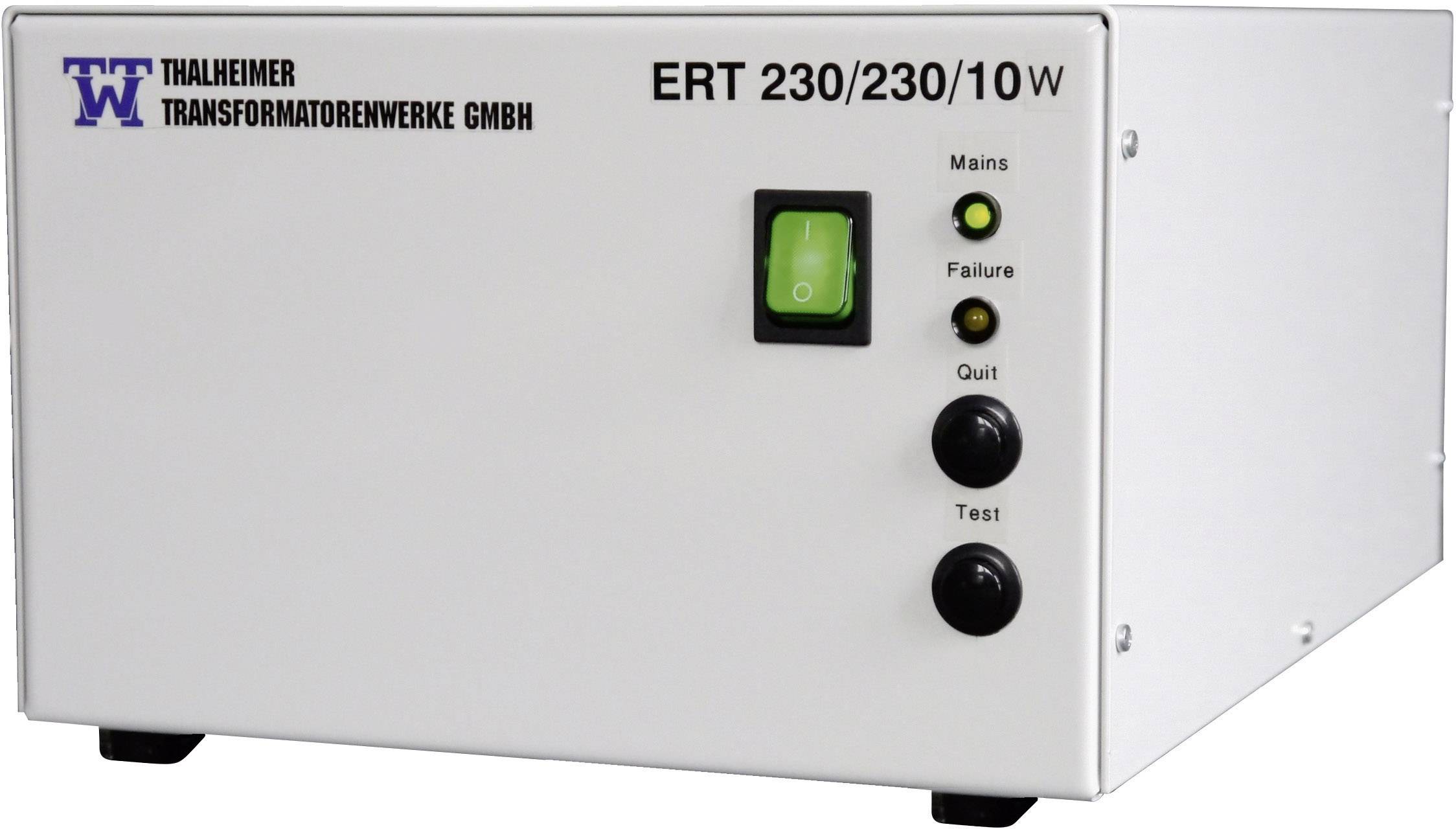 Transformateur 'ERT 230/230/10W' de Thalheimer Transformatorenwerke GmbH, doté de touches pour Secteur, Défaillance, Quitter et Test.