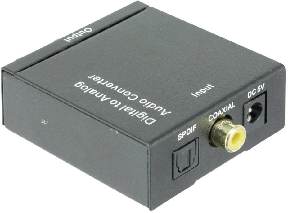 Un convertisseur audio numérique-analogique avec des connexions pour S/PDIF, entrée coaxiale et DC 5V, identifiant l'entrée et la sortie.