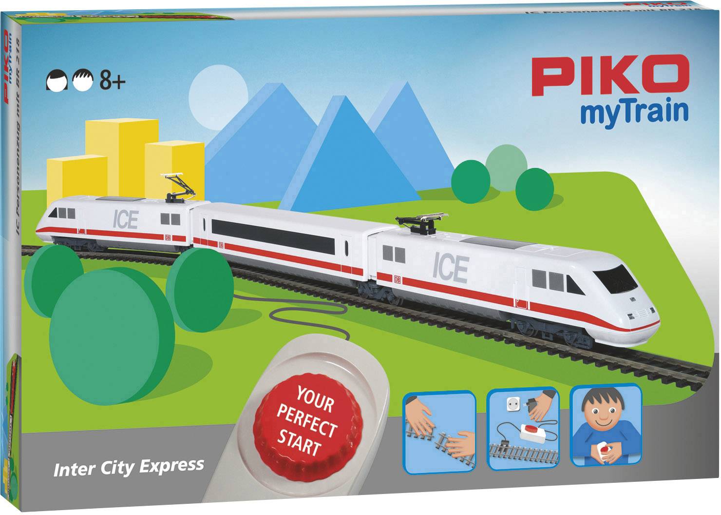 Emballage de jouet 'PIKO myTrain Inter City Express' avec modèle de train ICE, recommandé à partir de 8 ans. Contient des images de mains assemblant des pièces.